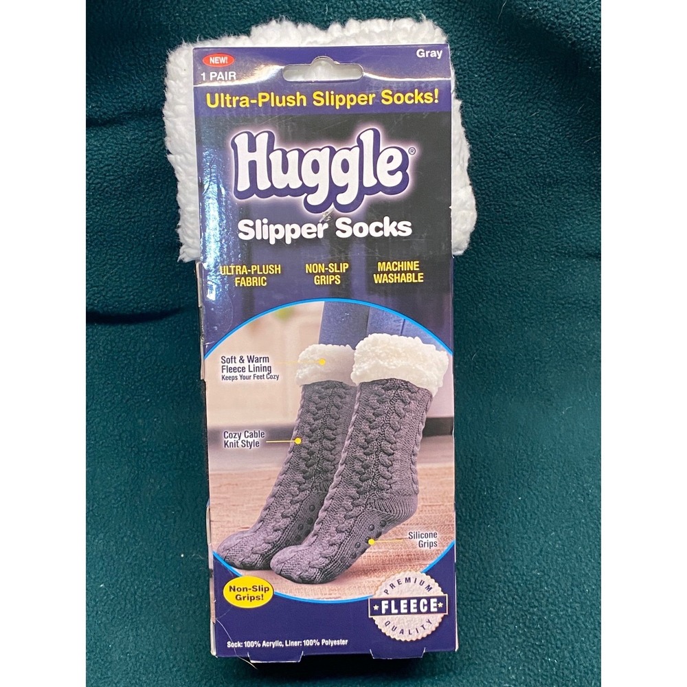 Huggle Ultra Plush Slipper Socks Gray Cozy Cable Knit Fleece Lined Non Slip Grip